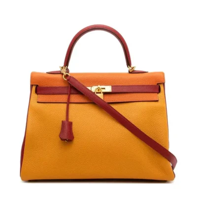 Hermès HSS Kelly 35 Orange/Yellow/Burgundy Togo Brushed Permabrass Hardware