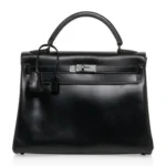 Hermès HSS Limited Edition Kelly 32 Black Box Calfskin Black Enamel Hardware