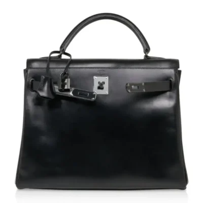 Hermès HSS Limited Edition Kelly 32 Black Box Calfskin Black Enamel Hardware