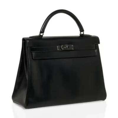 Hermès HSS Limited Edition Kelly 32 Black Box Calfskin Black Enamel Hardware