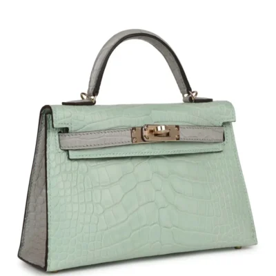 Hermès HSS Mini Kelly Sellier Vert D'Eau and Gris Perle Matte Alligator Mississippiensis Permabrass Hardware