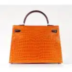 Hermès HSS Rare Collectible Kelly 35 Tri-Color lush Braise/Bordeaux/Orange Shiny Porosus Crocodile Palladium Hardware