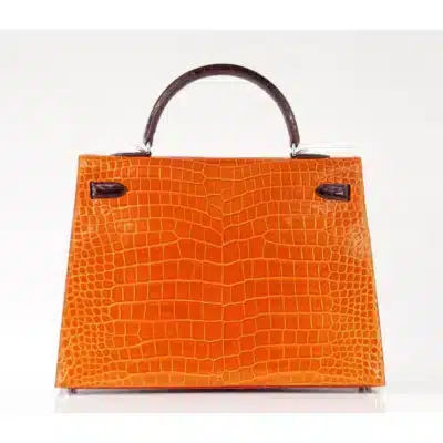 Hermès HSS Rare Collectible Kelly 35 Tri-Color lush Braise/Bordeaux/Orange Shiny Porosus Crocodile Palladium Hardware