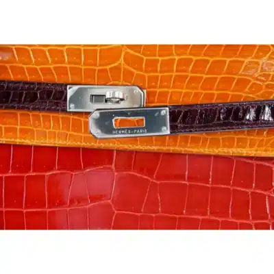 Hermès HSS Rare Collectible Kelly 35 Tri-Color lush Braise/Bordeaux/Orange Shiny Porosus Crocodile Palladium Hardware