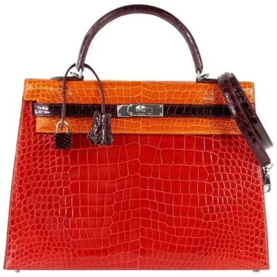 Hermès HSS Rare Collectible Kelly 35 Tri-Color lush Braise/Bordeaux/Orange Shiny Porosus Crocodile Palladium Hardware