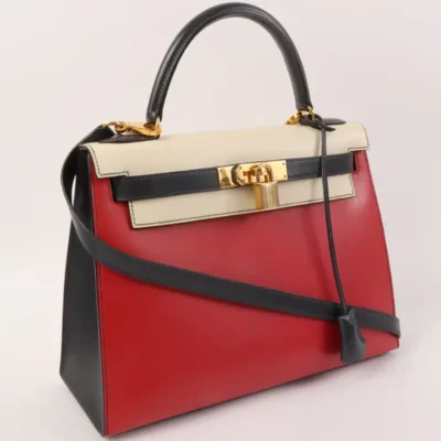 Hermès HSS Vintage 1994 Kelly 32 Sellier Rouge Vif/Parchemin/Bleu Marine Box Calf Gold Hardware Lushentic replica handbags