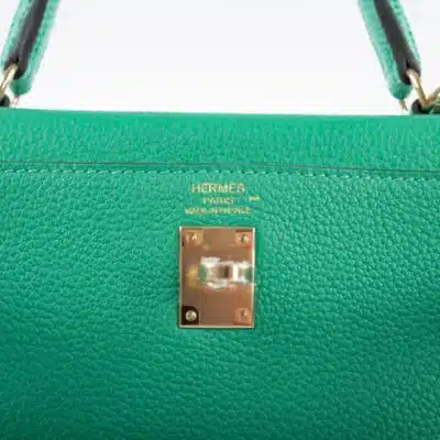 Hermès Kelly 25 Retourne Menthe Togo and Shiny Niloticus Lizard logo