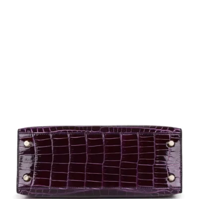 Hermès Kelly 25 Sellier Aubergine Shiny Niloticus Crocodile Gold Hardware