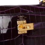 Hermès Kelly 25 Sellier Aubergine Shiny Niloticus Crocodile Gold Hardware