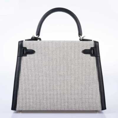 Hermès HSS Kelly 25 Sellier Quadrille Black and White Viking Toile & Swift Palladium Hardware