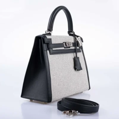 Hermès HSS Kelly 25 Sellier Quadrille Black and White Viking Toile & Swift Palladium Hardware