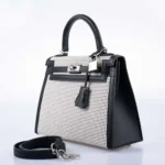 Hermès HSS Kelly 25 Sellier Quadrille Black and White Viking Toile & Swift Palladium Hardware