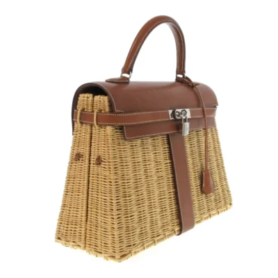 Hermes Kelly 28 Brown Osier Wicker & Swift Palladium Hardware