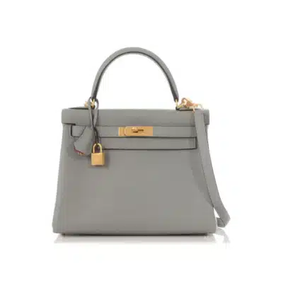 Hermès Kelly 28 Gris Mouette and Rose Indien Clémence Brushed Gold Hardware