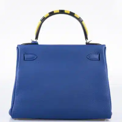 Hermès Limited Edition Kelly 28 Retourne Blue Electric, Yellow and Black Togo Au Galop Palladium Hardware