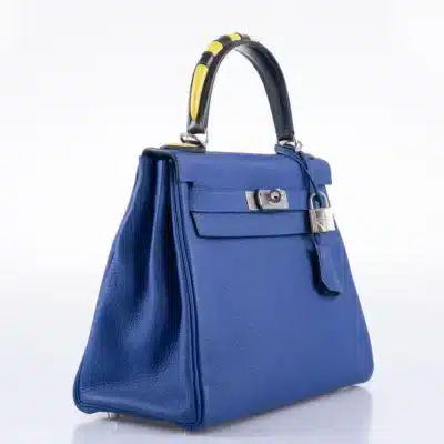 Hermès Limited Edition Kelly 28 Retourne Blue Electric, Yellow and Black Togo Au Galop Palladium Hardware