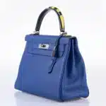 Hermès Limited Edition Kelly 28 Retourne Blue Electric, Yellow and Black Togo Au Galop Palladium Hardware