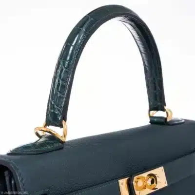 Hermès Kelly 28 Retourne Touch Vert Cypress Togo & Shiny Alligator Mississippiensis Gold Hardware