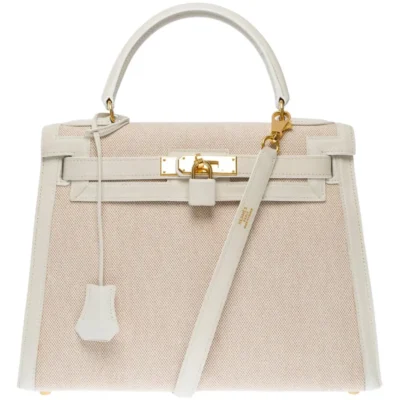 Hermès Kelly 28 HSS Sellier Beige/White Canvas & Epsom Gold Hardware