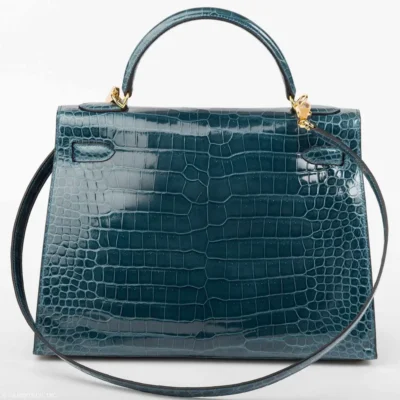 Hermès Kelly 32 Sellier Blue Roi Shiny Porosus Crocodile Gold Hardware