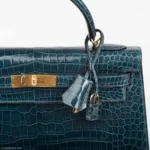 Hermès Kelly 32 Sellier Blue Roi Shiny Porosus Crocodile Gold Hardware