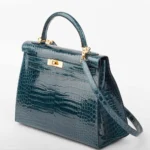 Hermès Kelly 32 Sellier Blue Roi Shiny Porosus Crocodile Gold Hardware