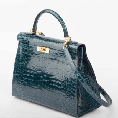 Hermès Kelly 32 Sellier Blue Roi Shiny Porosus Crocodile Gold Hardware