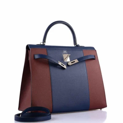 Hermès Kelly 35 Sellier Blue Saphir & Rouge H Epsom Palladium Hardware