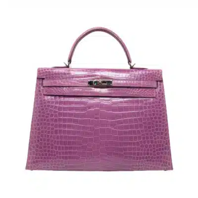 Hermès Kelly 35 Sellier Violet Shiny Porosus Crocodile Palladium Hardware