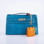 Hermès Kelly Pochette Blue Izmir Shiny Alligator Mississippiensis Palladium Hardware