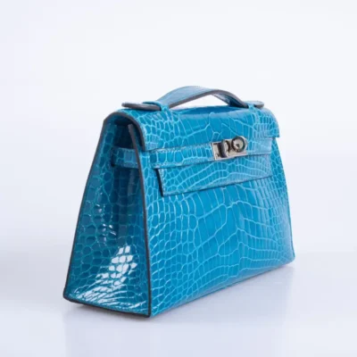 Hermès Kelly Pochette Blue Izmir Shiny Alligator Mississippiensis Palladium Hardware