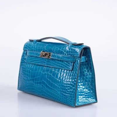 Hermès Kelly Pochette Blue Izmir Shiny Alligator Mississippiensis Palladium Hardware