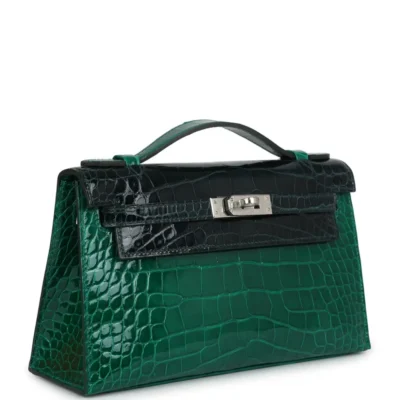 Hermès Kelly Pochette Emerald and Vert Rousseau Shiny Alligator Mississippiensis Palladium Hardware