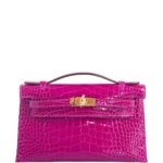 Hermès Kelly Pochette Rose Scheherazade Shiny Alligator Mississippiensis Gold Hardware