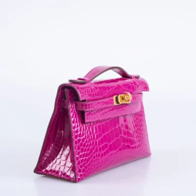 Hermès Kelly Pochette Rose Scheherazade Shiny Alligator Mississippiensis Gold Hardware