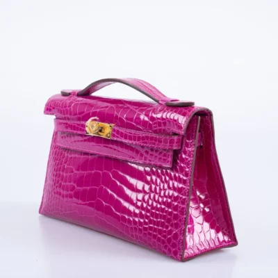 Hermès Kelly Pochette Rose Scheherazade Shiny Alligator Mississippiensis Gold Hardware