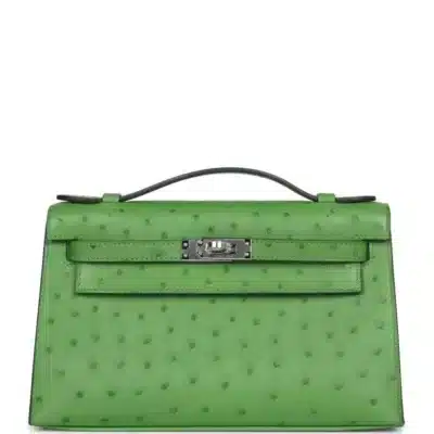 Hermès Kelly Pochette Vert Yucca Ostrich Palladium Hardware