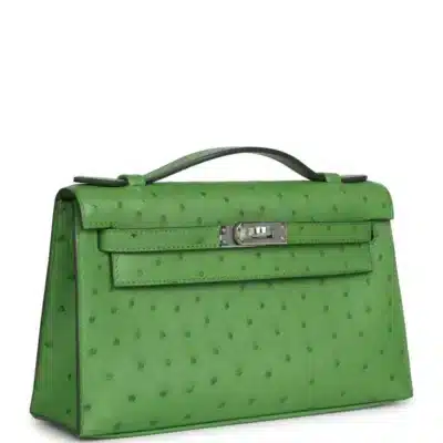 Hermès Kelly Pochette Vert Yucca Ostrich Palladium Hardware