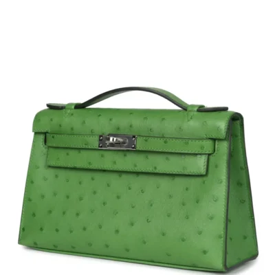 Hermès Kelly Pochette Vert Yucca Ostrich Palladium Hardware