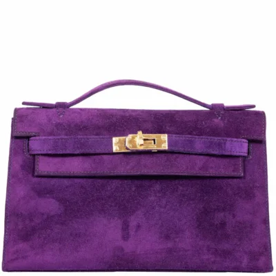 Hermès Kelly Pochette Violet Veau Doblis Suede Gold Hardware