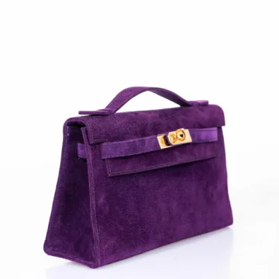 Hermès Rare Collectible Kelly Pochette Violet Veau Doblis Suede Palladium Hardware