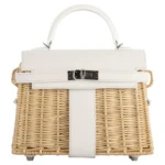 Hermès Limited Edition 2020 Mini Kelly 20 Picnic White Swift & Osier Wicker Palladium Hardware