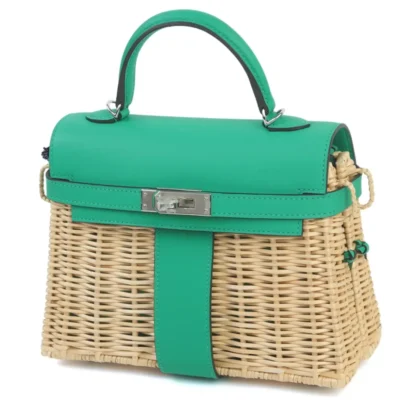 Hermès Limited Edition 2023 Mini Kelly Picnic Vert Verone Swift & Osier Wicker Palladium Hardware