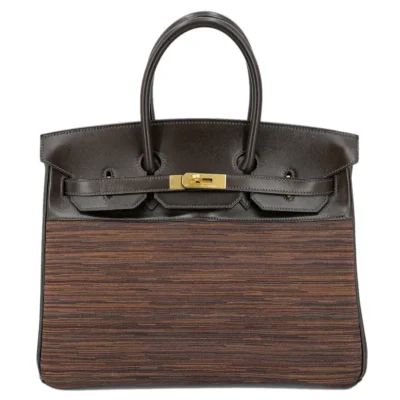 Hermès Limited Edition Birkin 35 Ebene/Orange Vibrato/Goatskin & Box Calfskin Brushed Gold Hardware