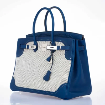 Hermès Limited Edition Birkin 35 Ghillies Bleu Saphir Swift & Toile Palladium Hardware