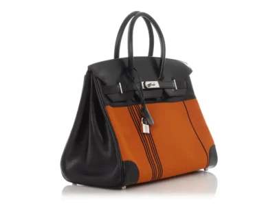 Hermès Limited Edition Birkin 35 Orange/Black Box Calfskin & Toile Potamus Palladium Hardware