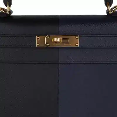 Hermes Limited Edition Kelly 28 Sellier Casaque Black Bleu Indigo Epsom Gold Detail1