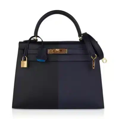 Hermes Limited Edition Kelly 28 Sellier Casaque Black and Bleu Indigo Epsom Gold Hardware Lushentic Replica