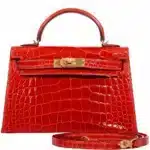 Hermès Limited Edition Mini Kelly 20 II Sellier Geranium Shiny Niloticus Crocodile Gold Hardware