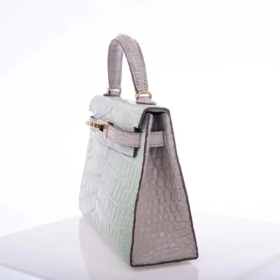 Hermès Mini Kelly 20 II Sellier Vert D'eau and Gris Perle Matte Alligator Mississippiensis Permabrass Hardware